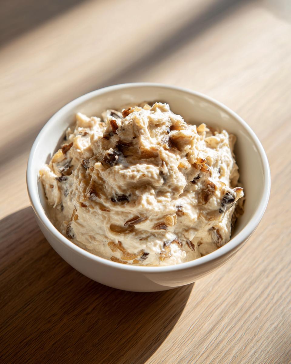 A close-up of a thick, creamy onion dip featuring visible caramelized onions served in a white bowl.