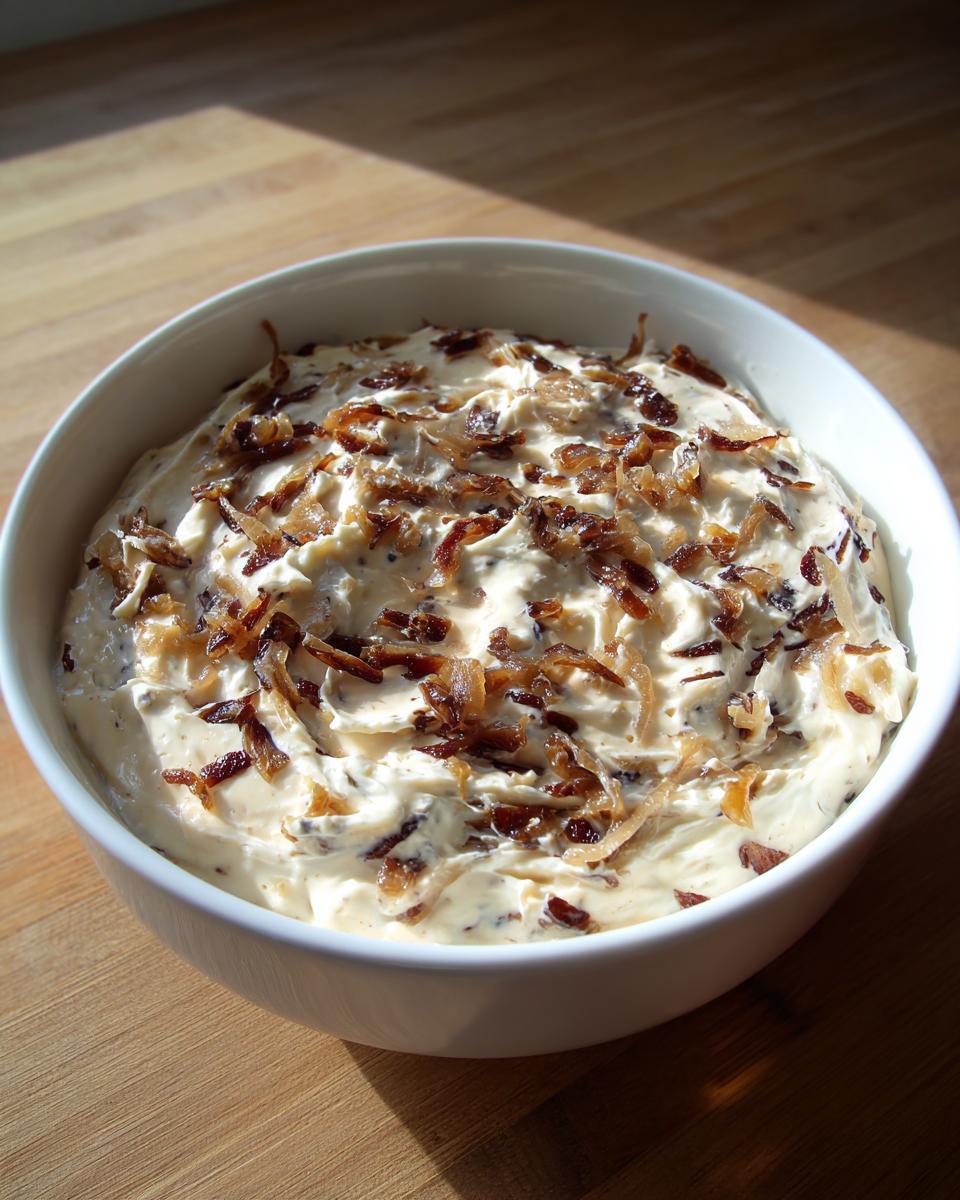 A white bowl filled with creamy onion dip, generously topped with crispy caramelized onions.