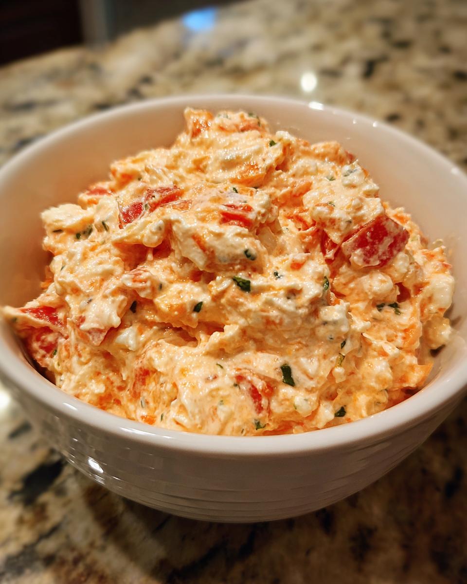 A close-up of creamy, orange-colored boat dip mixed with red peppers and green herbs, served in a white bowl.
