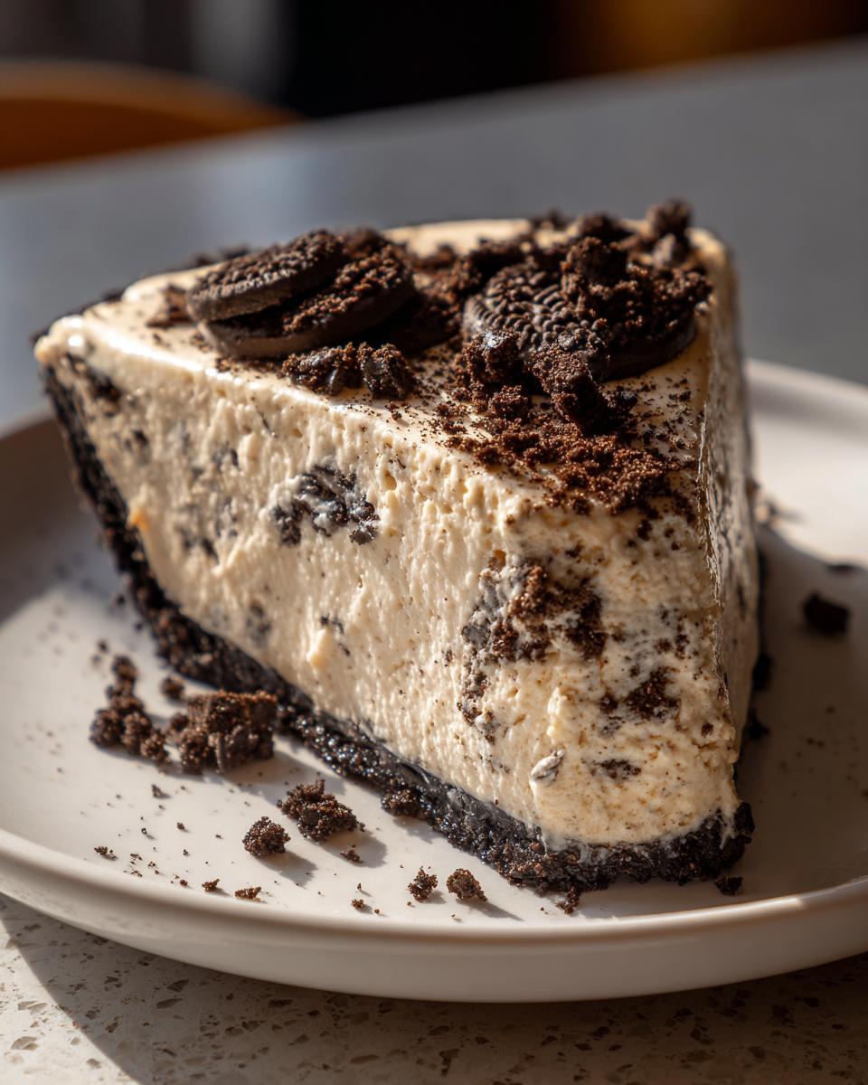 A perfect slice of creamy Oreo pie with a dark chocolate crust, topped with crushed Oreos.