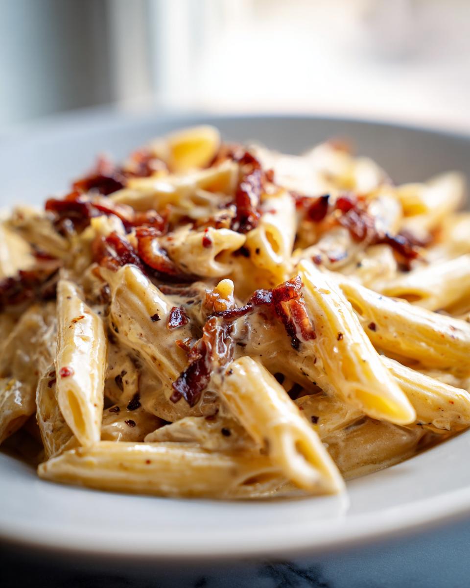 Close-up of creamy penne pasta generously topped with dark, rich caramelized onion pasta mixture.