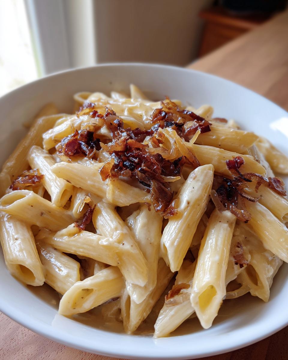 Close-up of creamy penne pasta topped generously with rich caramelized onion pasta.