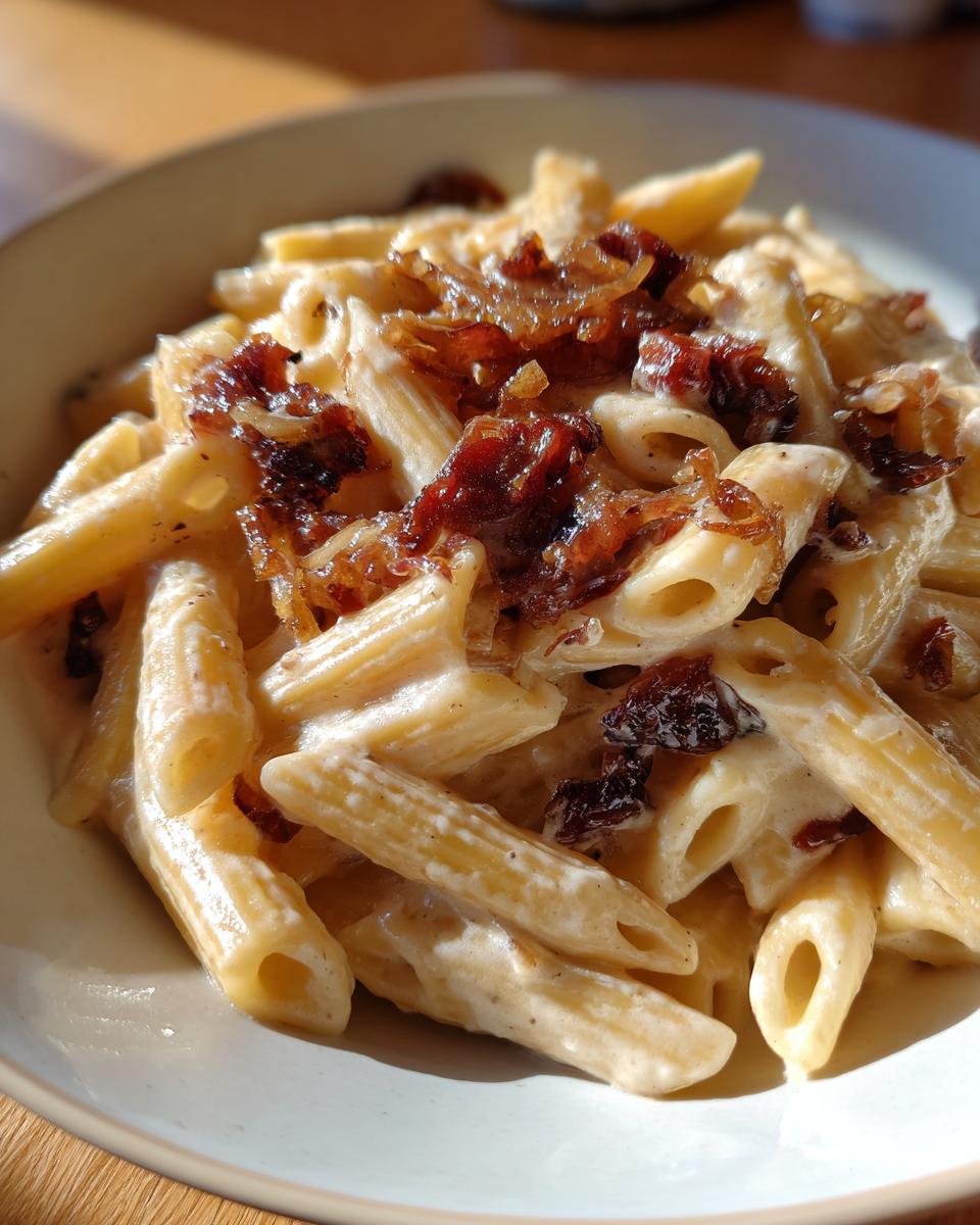 Close-up of creamy penne pasta topped generously with dark, rich caramelized onion pasta.