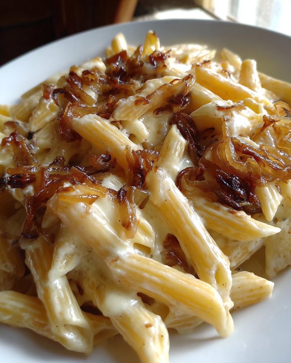 Close-up of creamy penne pasta topped generously with dark, rich caramelized onion pasta.