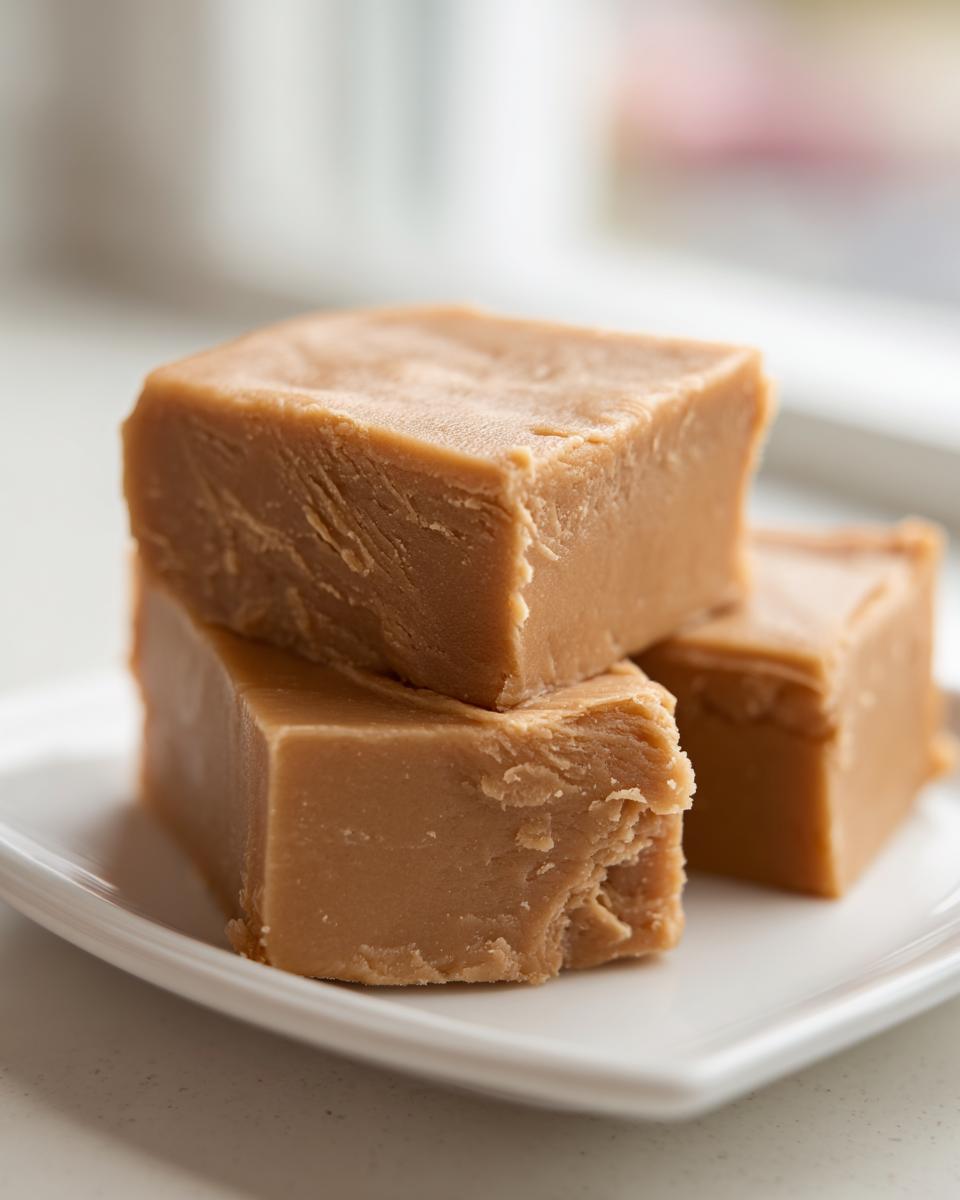 Three squares of rich, light brown penuche fudge stacked slightly on a white plate.