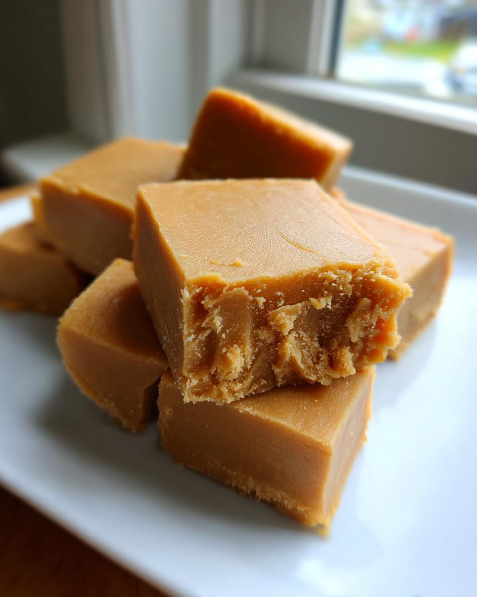 A stack of rich, golden-brown penuche fudge squares piled on a white plate, showing a crumbly texture.