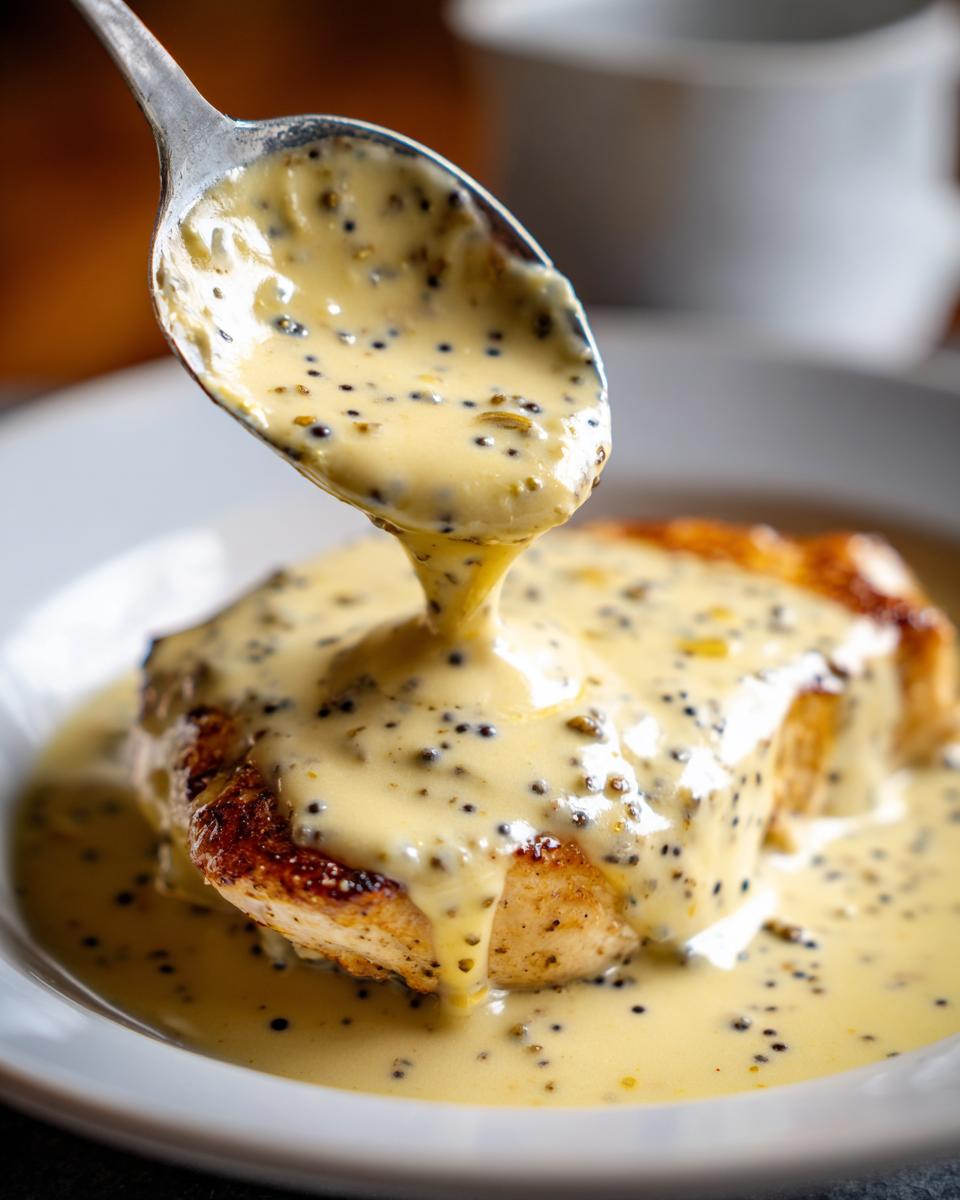 A spoonful of creamy, yellow peppercorn sauce with visible black peppercorns being poured over a seared piece of meat.
