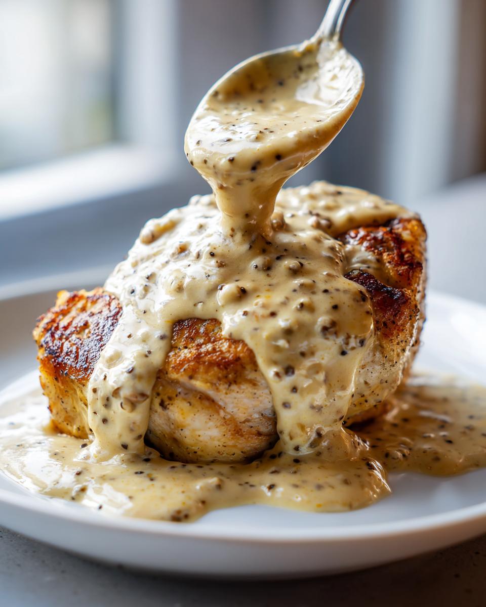 A spoonful of creamy peppercorn sauce is being poured over a perfectly seared piece of meat on a white plate.
