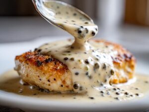 A close-up of creamy peppercorn sauce being spooned from a silver spoon onto a perfectly seared piece of meat.