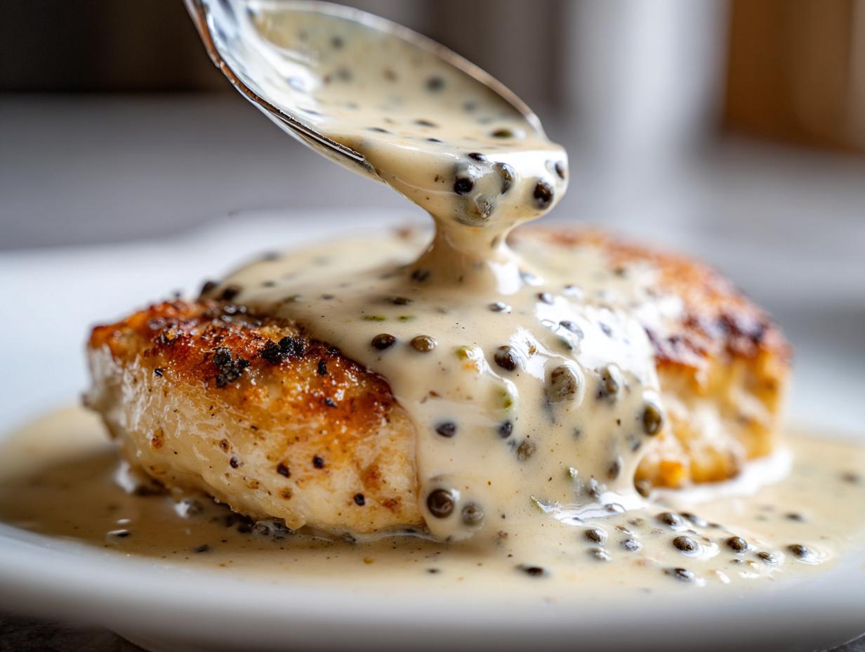 A close-up of creamy peppercorn sauce being spooned from a silver spoon onto a perfectly seared piece of meat.