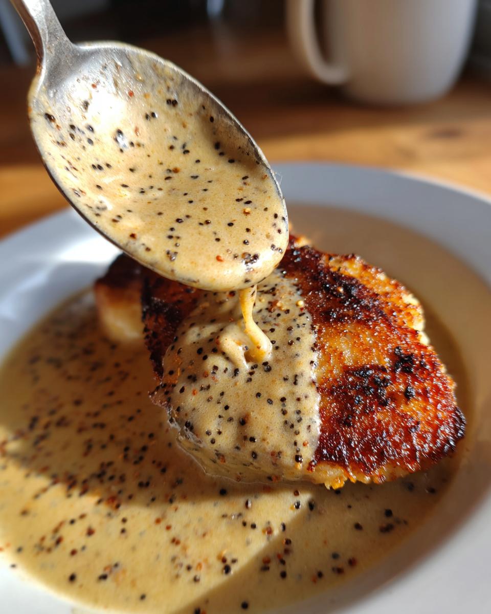 A spoonful of rich, creamy peppercorn sauce with visible black peppercorns is being poured over a perfectly seared piece of meat.