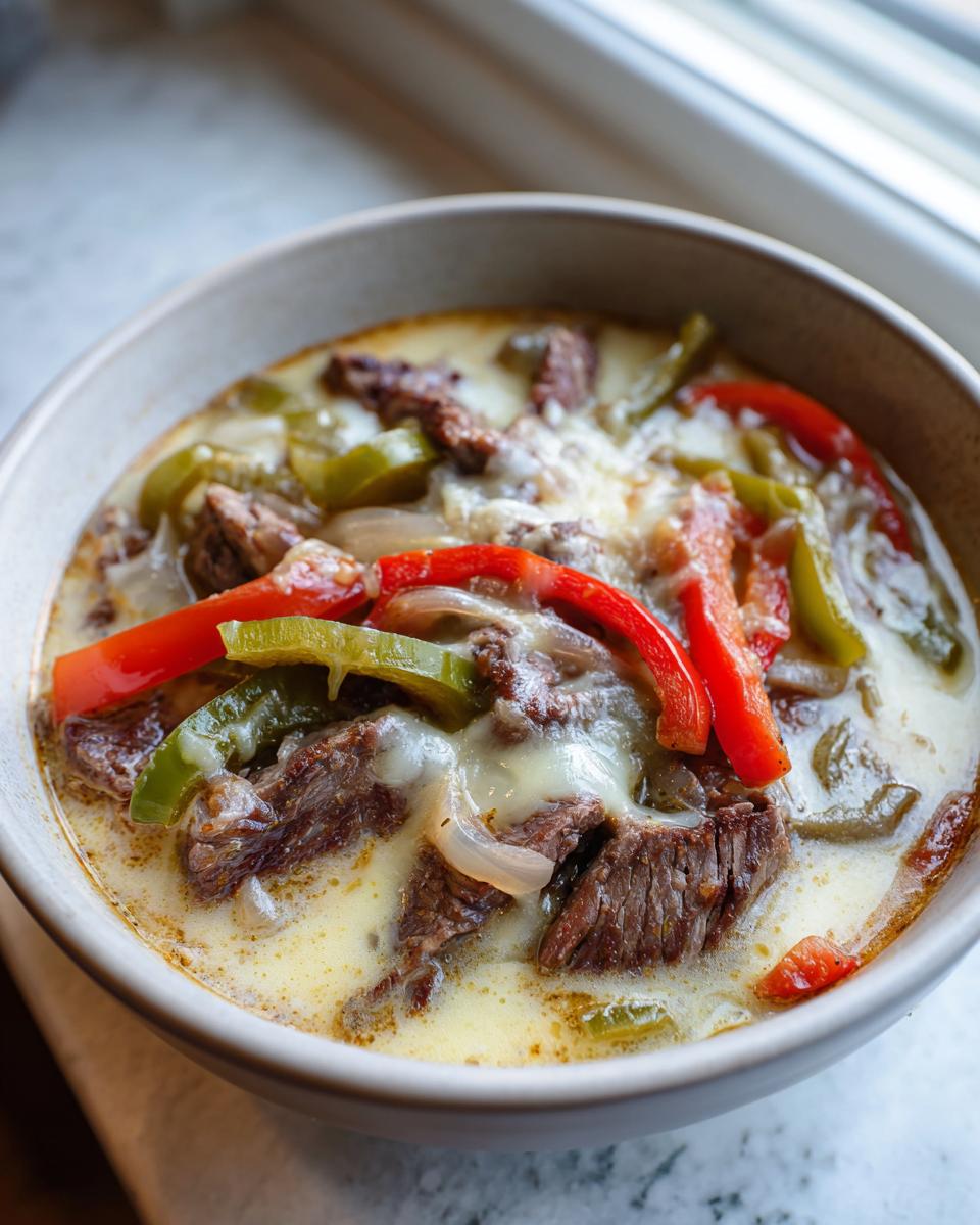 A close-up of a creamy philly cheese steak soup topped with steak, melted cheese, red and green peppers.