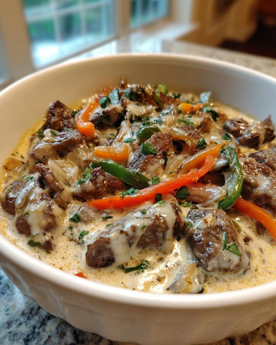 Close-up of a hearty bowl of philly cheese steak soup with chunks of beef, peppers, and creamy cheese sauce.