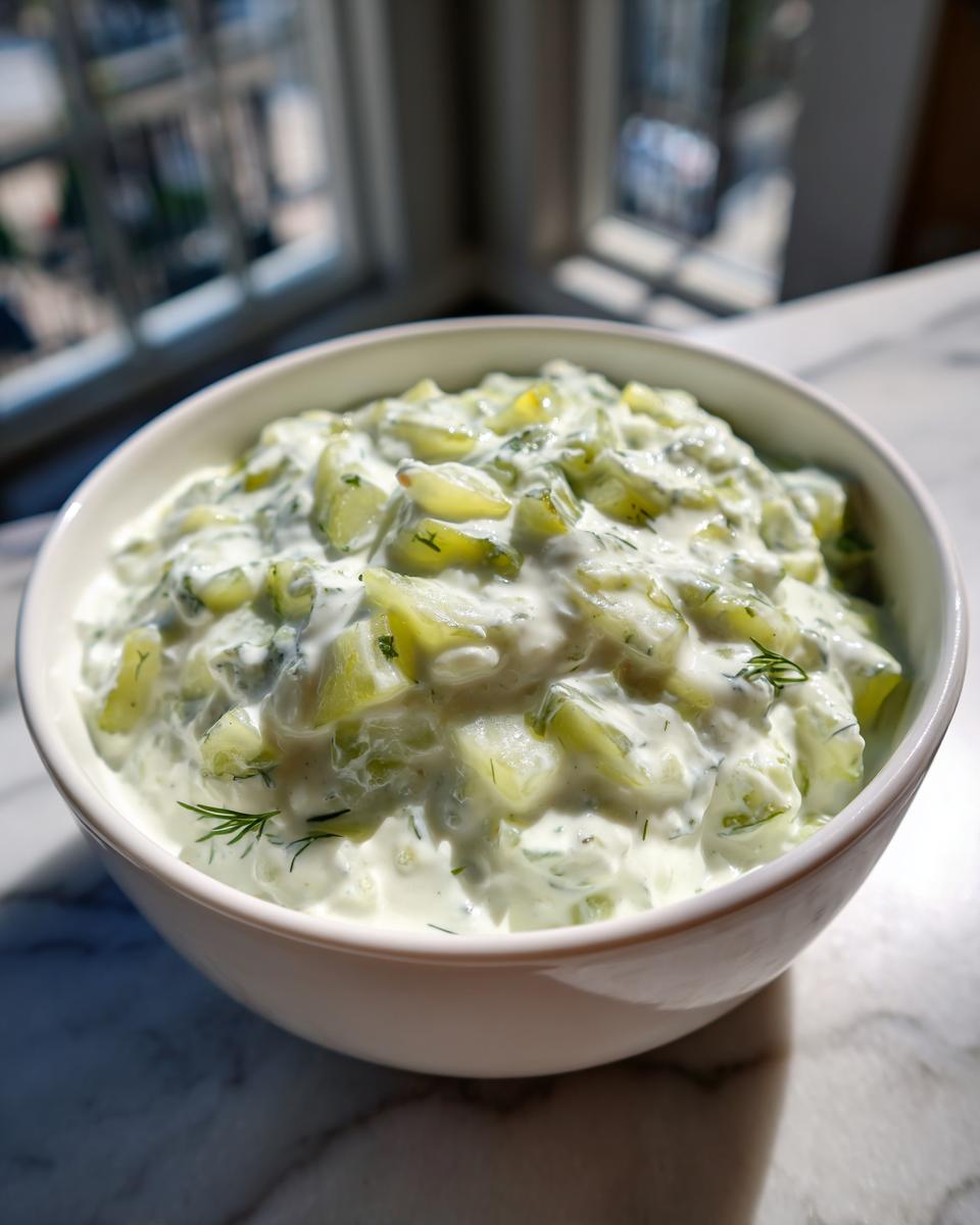 A white bowl filled with creamy, chunky homemade pickle dip, featuring chopped pickles and fresh dill.