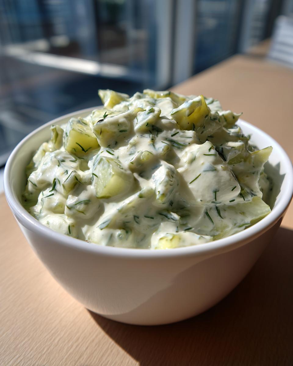 A close-up view of a creamy, chunky pickle dip mixed with fresh dill, served in a white bowl.
