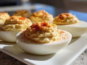 Close-up of creamy, piped deviled eggs garnished with paprika, ready to serve.