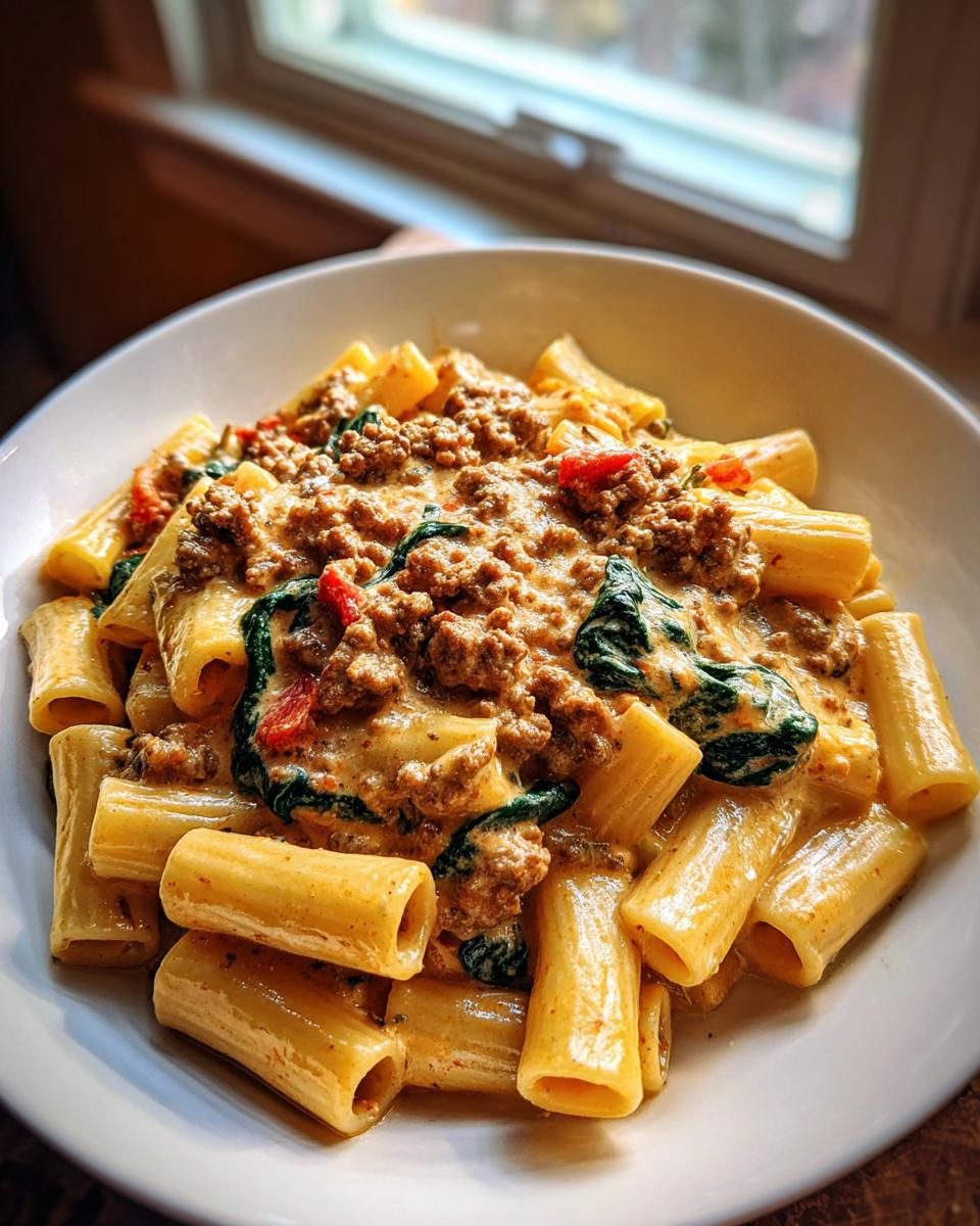 A close-up of creamy sausage pasta featuring rigatoni, ground meat, spinach, and red peppers in a white bowl.