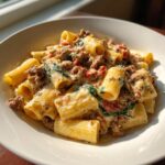 Close-up of creamy sausage pasta featuring rigatoni, ground sausage, spinach, and a rich sauce in a white bowl.