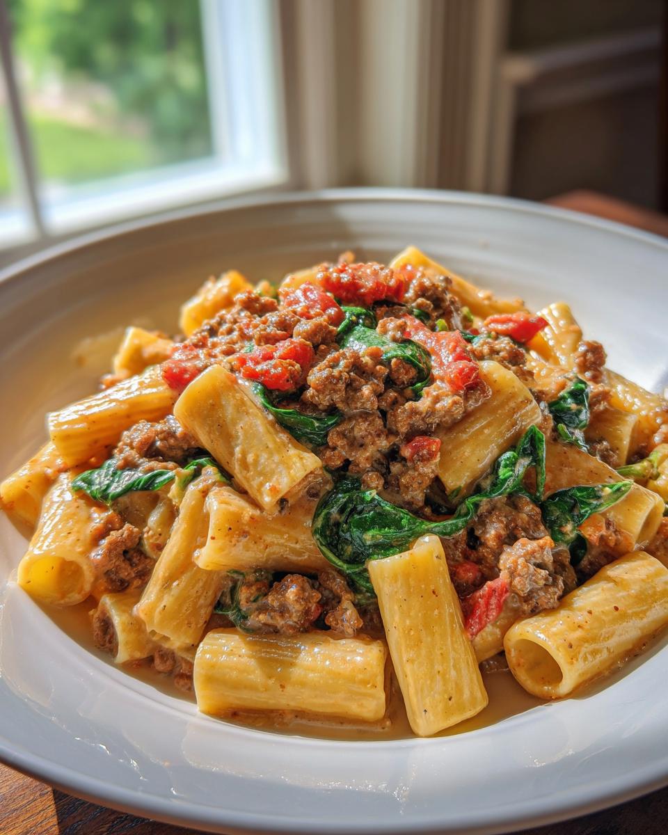 Close-up of creamy sausage pasta made with rigatoni, ground sausage, tomatoes, and spinach.