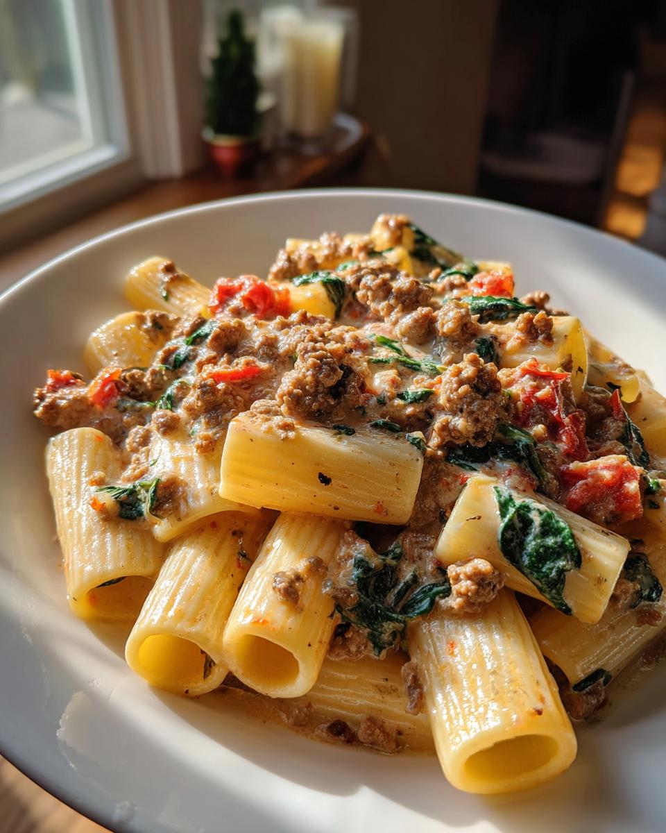 Close-up of creamy sausage pasta featuring rigatoni tubes coated in a rich sauce with ground sausage and spinach.
