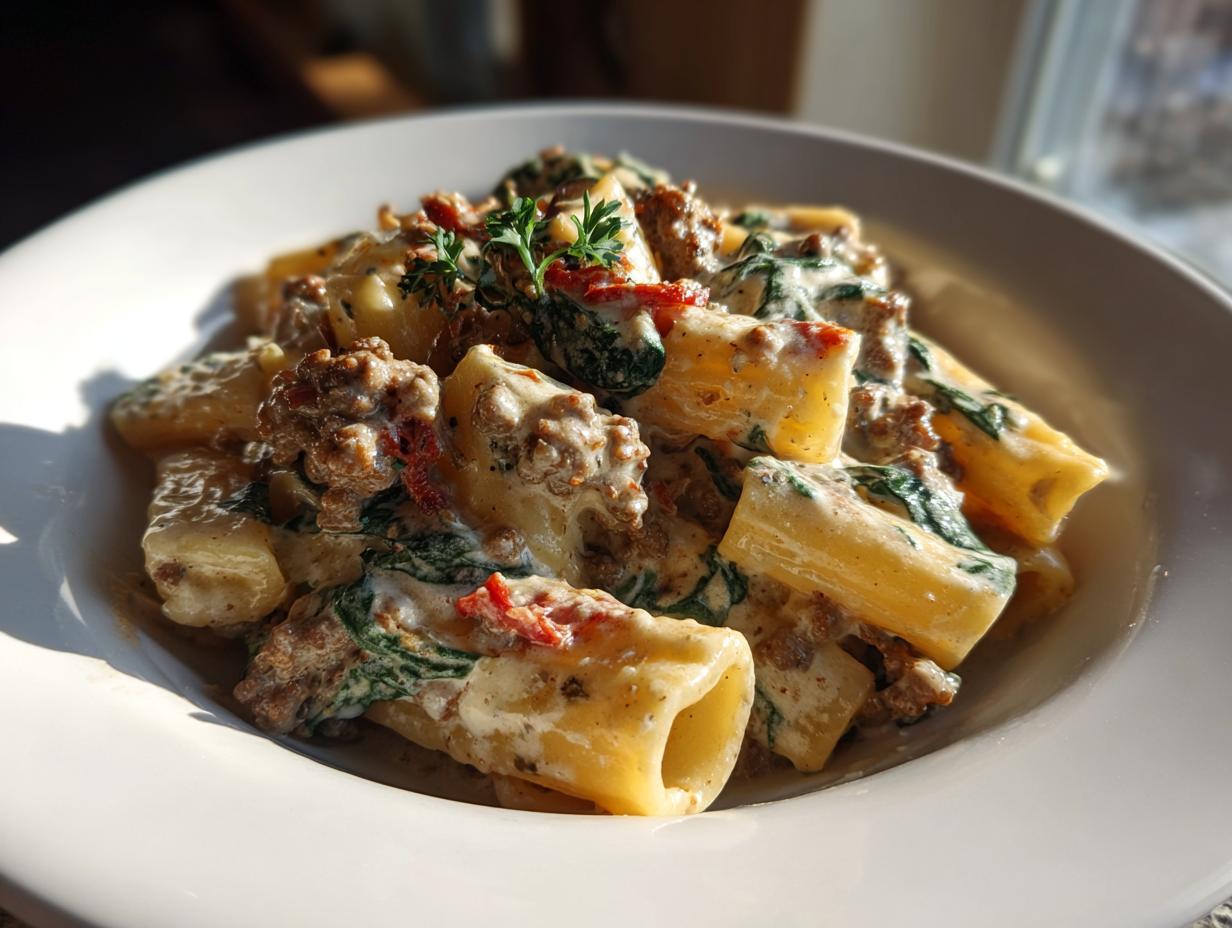 Close-up of creamy sausage pasta featuring rigatoni, crumbled sausage, spinach, and sun-dried tomatoes, garnished with parsley.