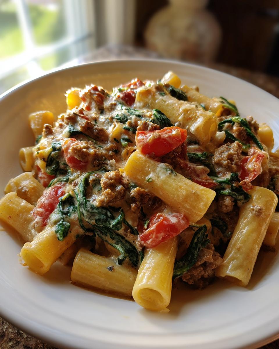 A close-up of creamy sausage pasta featuring rigatoni, ground sausage, wilted spinach, and chunks of tomato in a rich sauce.