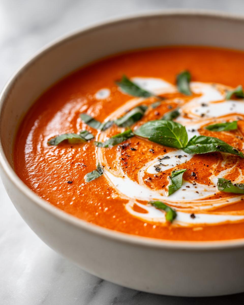 Close-up of a bowl of vibrant orange tomato basil soup, swirled with cream and topped with fresh basil leaves.