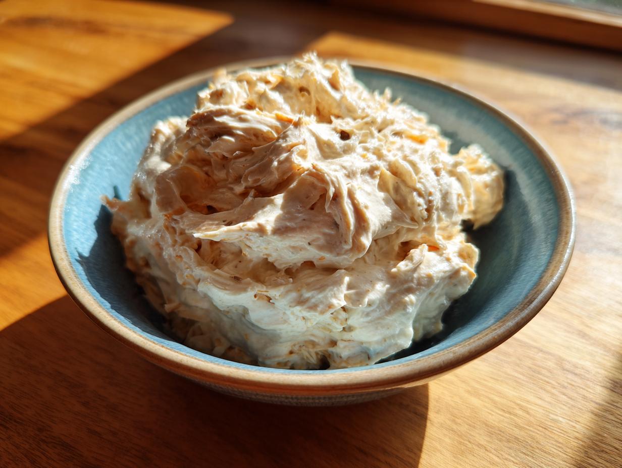 A close-up of a dollop of creamy, spiced topping, likely the cream cheese component for cream cheese chicken chili, in a blue bowl.