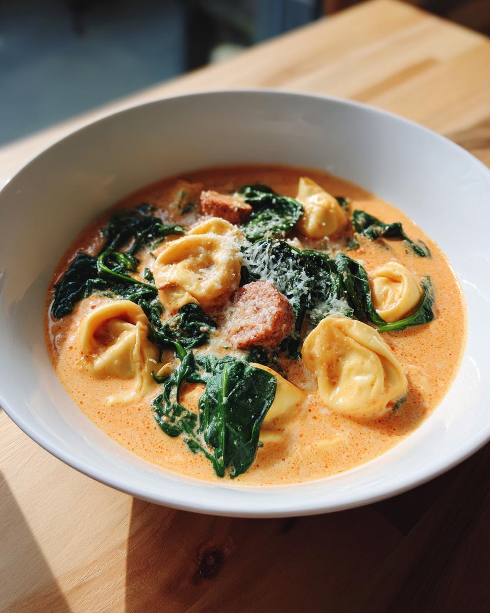 A close-up bowl of creamy tortellini soup featuring cheese tortellini, wilted spinach, sausage pieces, and grated Parmesan cheese.