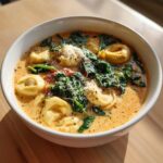 Close-up of a white bowl filled with creamy tortellini soup, featuring cheese tortellini, wilted spinach, and grated Parmesan.