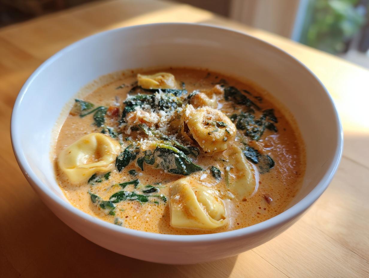 A close-up of a white bowl filled with creamy tortellini soup, featuring cheese tortellini, wilted spinach, and topped with grated Parmesan.