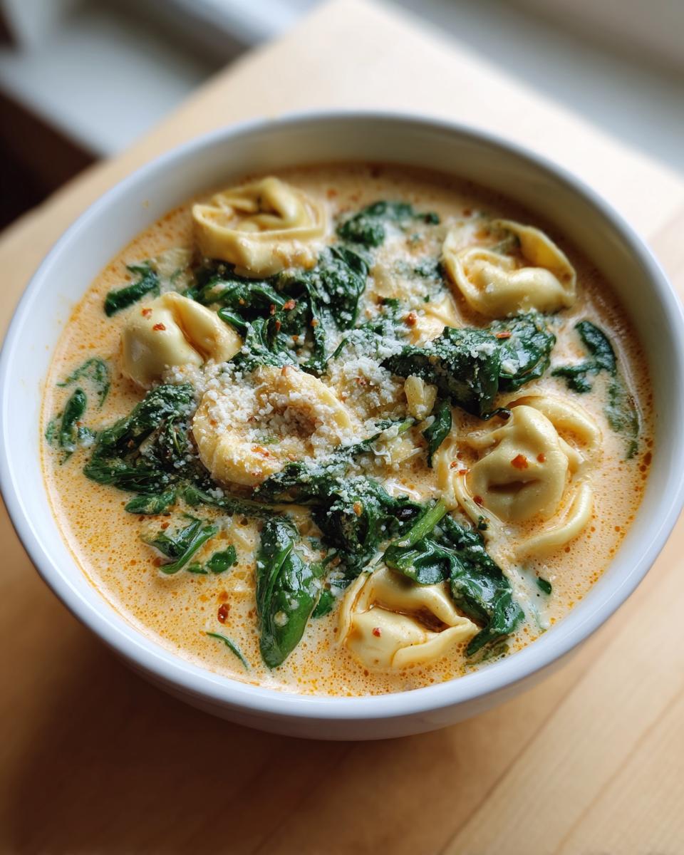 A close-up of a bowl of creamy tortellini soup with wilted spinach and a sprinkle of Parmesan cheese.