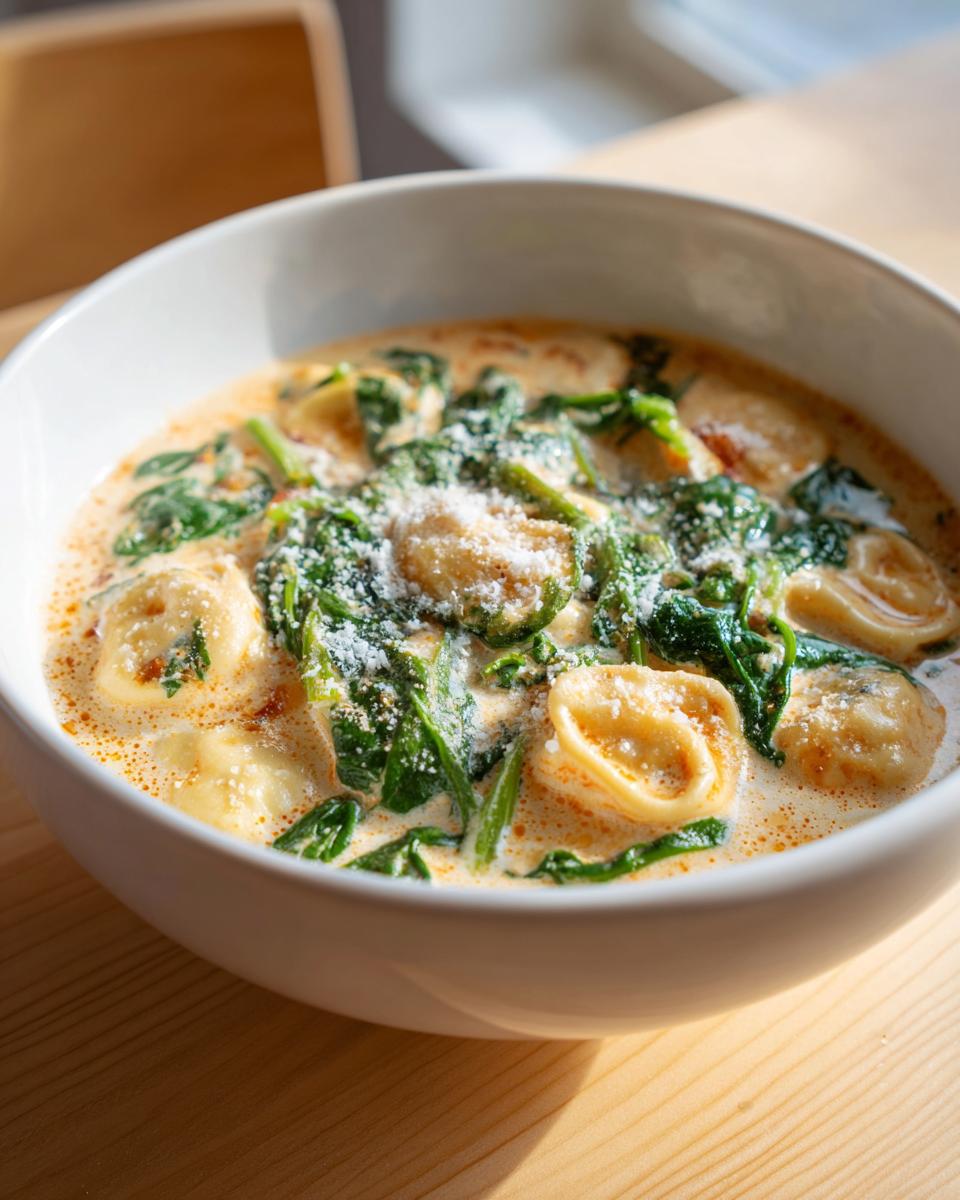 Close-up of a white bowl filled with creamy tortellini soup, spinach, and topped with grated Parmesan cheese.