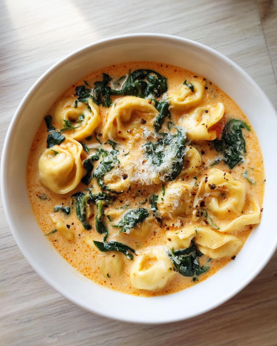 A close-up overhead view of a bowl of creamy tortellini soup with wilted spinach and grated Parmesan cheese.