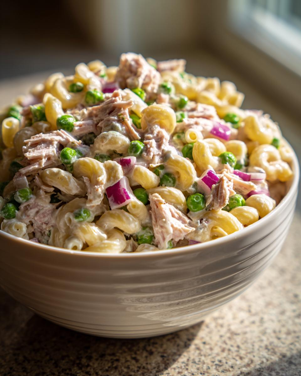 Close-up of a creamy Tuna Pasta Salad featuring elbow macaroni, tuna chunks, green peas, and diced red onion.