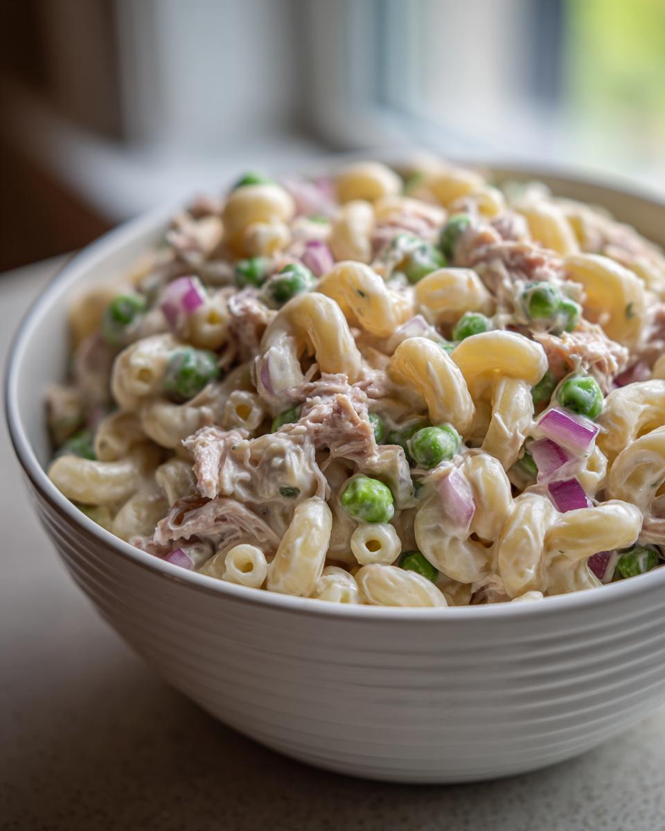 Close-up of a creamy Tuna Pasta Salad featuring elbow macaroni, tuna, green peas, and red onion in a white bowl.
