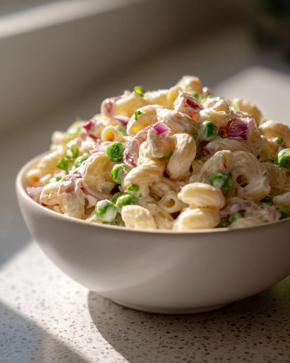 Close-up of creamy Tuna Pasta Salad with macaroni, peas, and red onion in a light bowl.