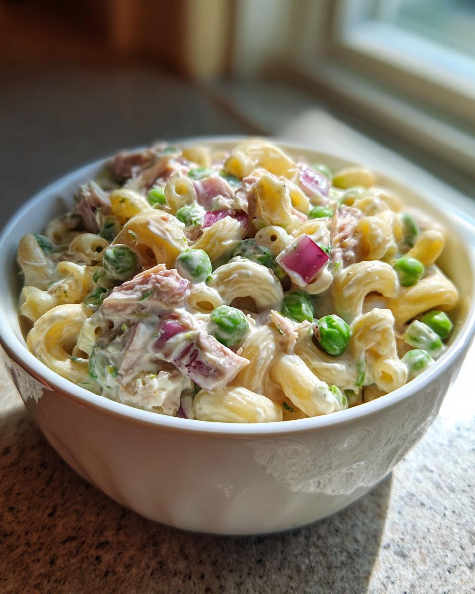 Close-up of a creamy Tuna Pasta Salad with elbow macaroni, peas, and red onion chunks in a white bowl.