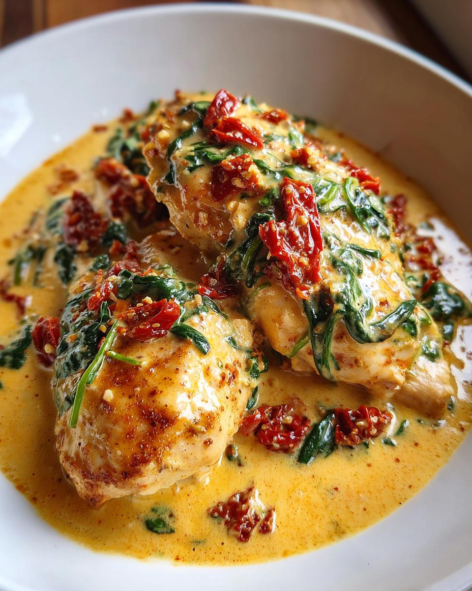 Two golden-brown chicken breasts smothered in a rich, creamy Tuscan sauce with spinach and sun-dried tomatoes, showcasing the creamy Tuscan chicken.