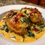 Two golden-brown chicken breasts smothered in a rich, creamy Tuscan chicken sauce with spinach and sun-dried tomatoes.