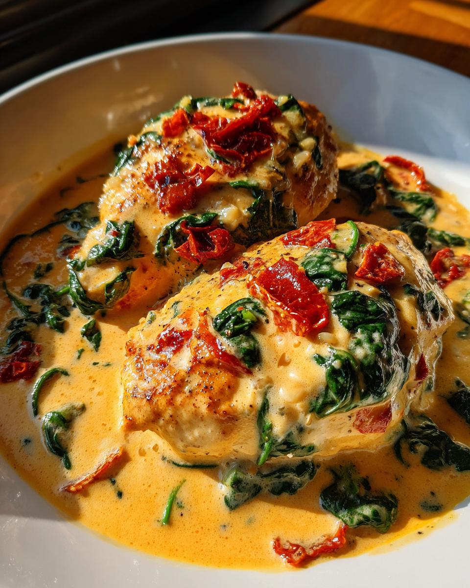 Two golden chicken breasts smothered in a rich, creamy Tuscan sauce with wilted spinach and sun-dried tomatoes, ready to eat.