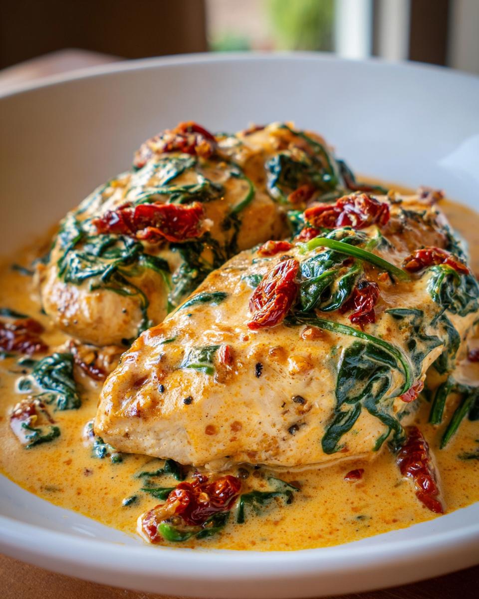 Two pieces of tender chicken breasts smothered in a rich, creamy Tuscan chicken sauce with spinach and sun-dried tomatoes.