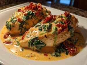 Two perfectly cooked chicken breasts smothered in a rich, creamy Tuscan sauce with spinach and sun-dried tomatoes, featuring the creamy Tuscan chicken.