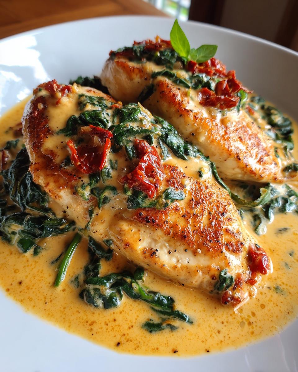 Two seared chicken breasts smothered in a rich, creamy Tuscan chicken sauce with spinach and sun-dried tomatoes.