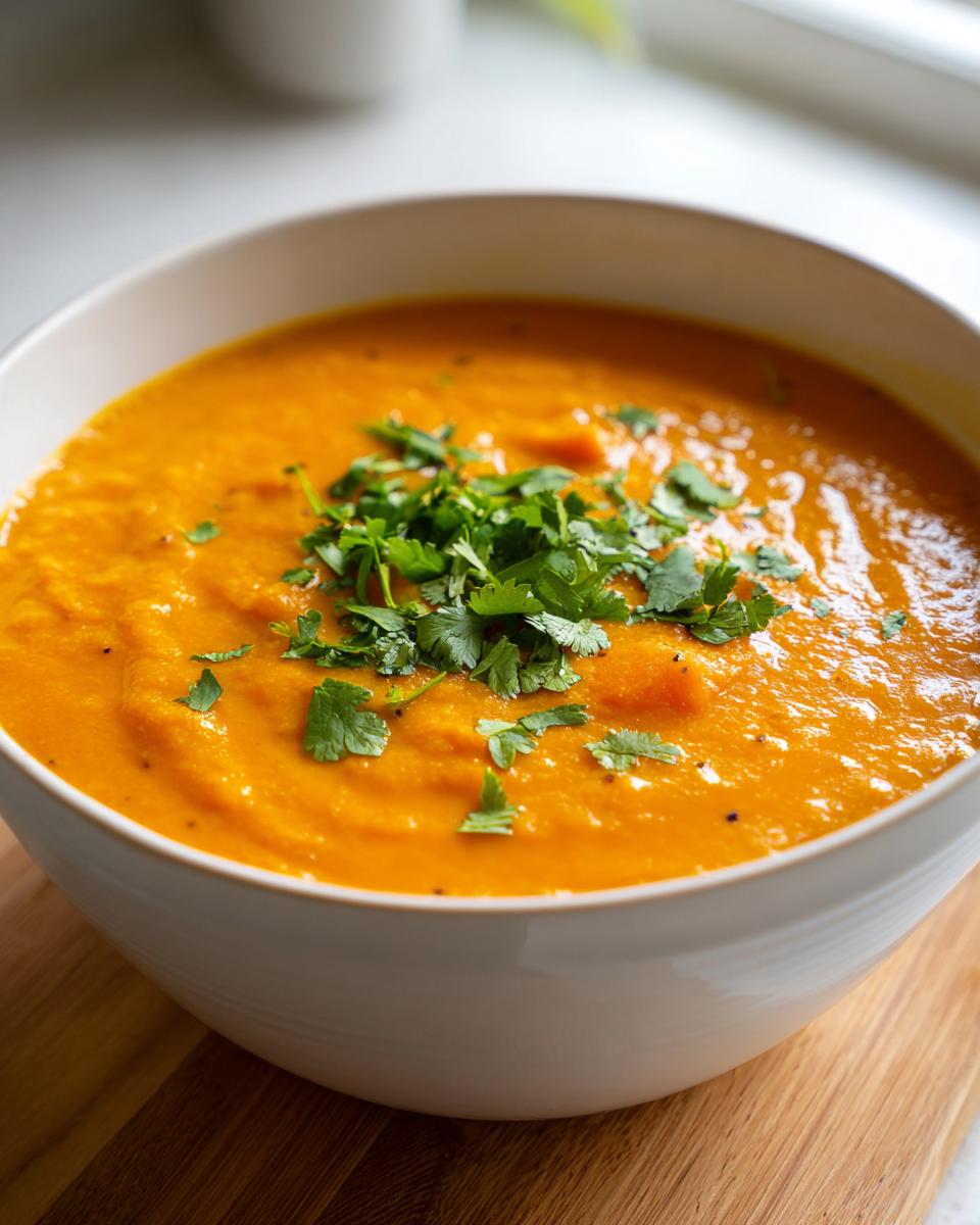 Close-up of a bowl of vibrant orange, creamy vegan pumpkin curry topped with fresh cilantro.