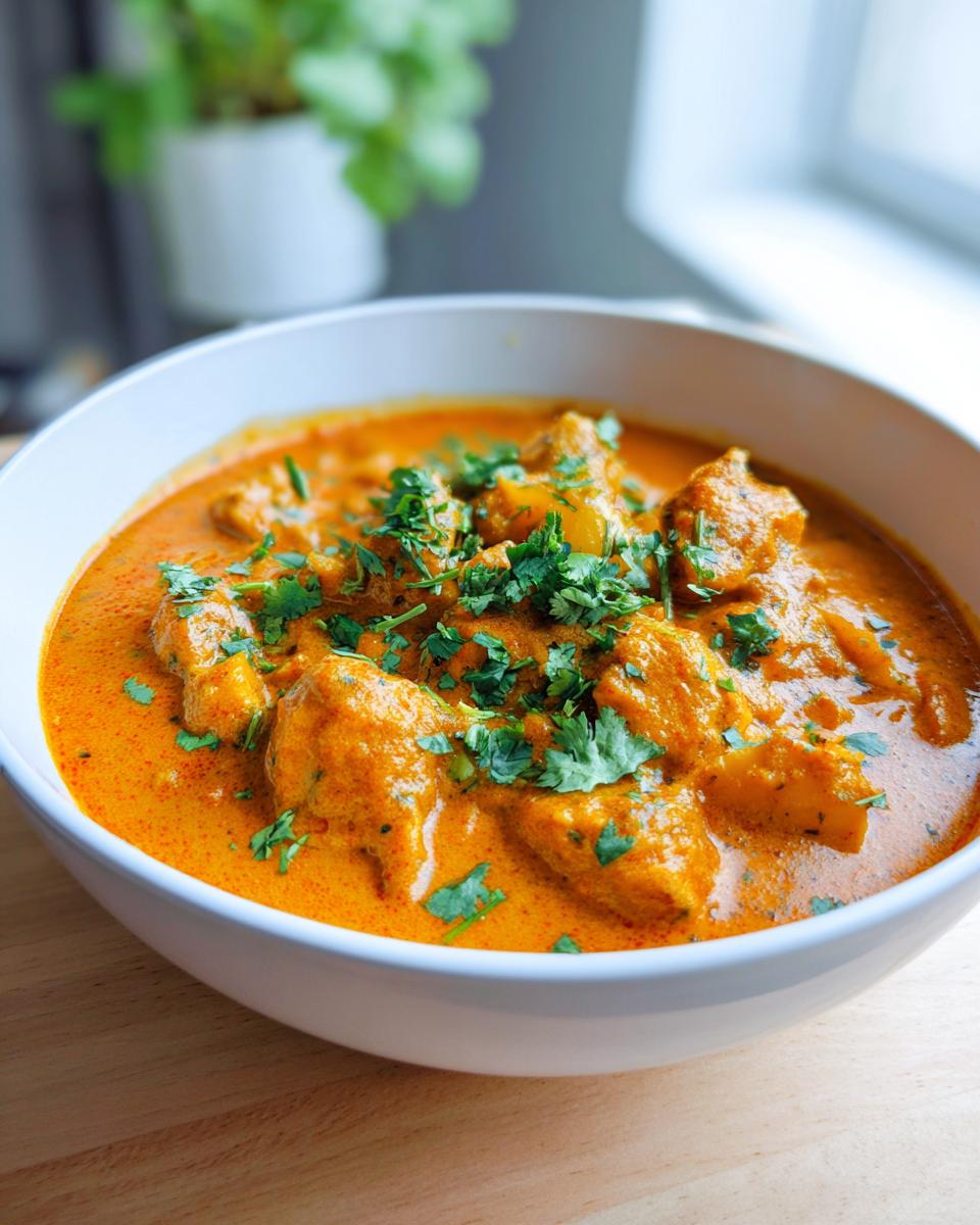 A close-up of a rich, orange vegan pumpkin curry served in a white bowl and garnished with fresh cilantro.