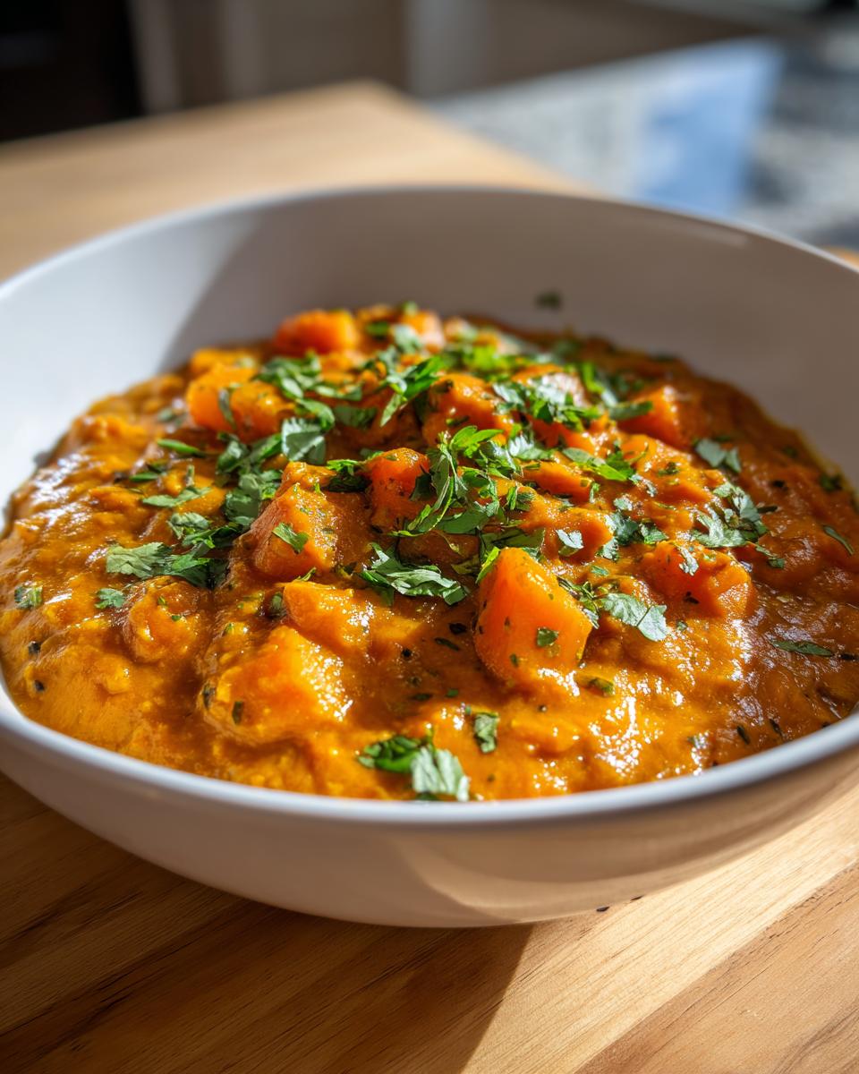 Close-up of a creamy vegan pumpkin curry, featuring chunks of pumpkin and topped with fresh cilantro.