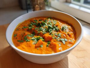 A close-up of a vibrant, creamy vegan pumpkin curry garnished with fresh cilantro in a white bowl.