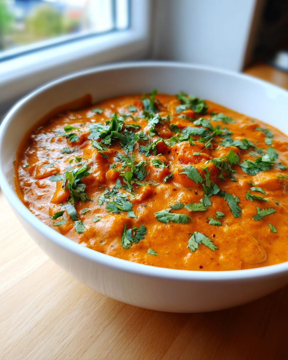 Close-up of a creamy, orange vegan pumpkin curry topped generously with fresh, chopped cilantro.