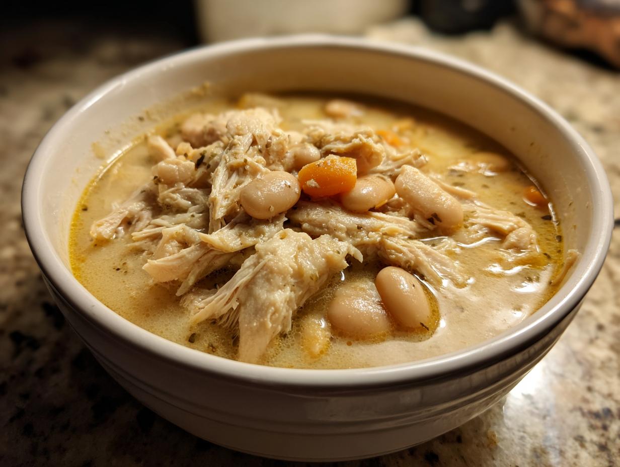 Close-up of a bowl of creamy white chicken chili featuring shredded white chicken, cannellini beans, and carrots.